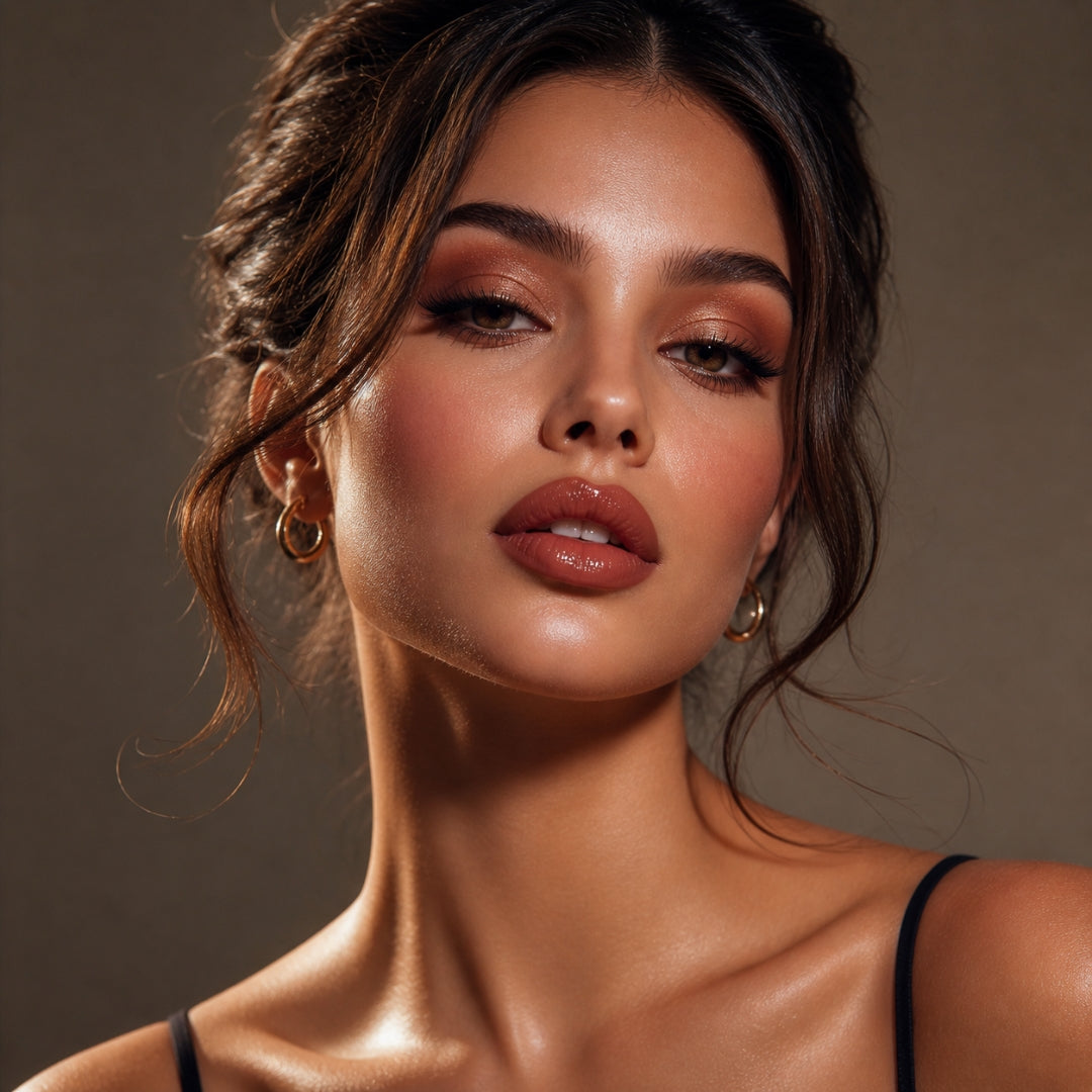 Elegant woman with bronze smoky eye and glossy brown lips