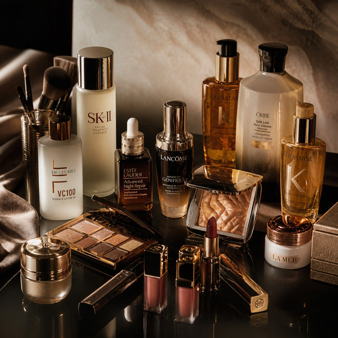 Collection of various skincare and makeup products on a reflective surface with a neutral background.