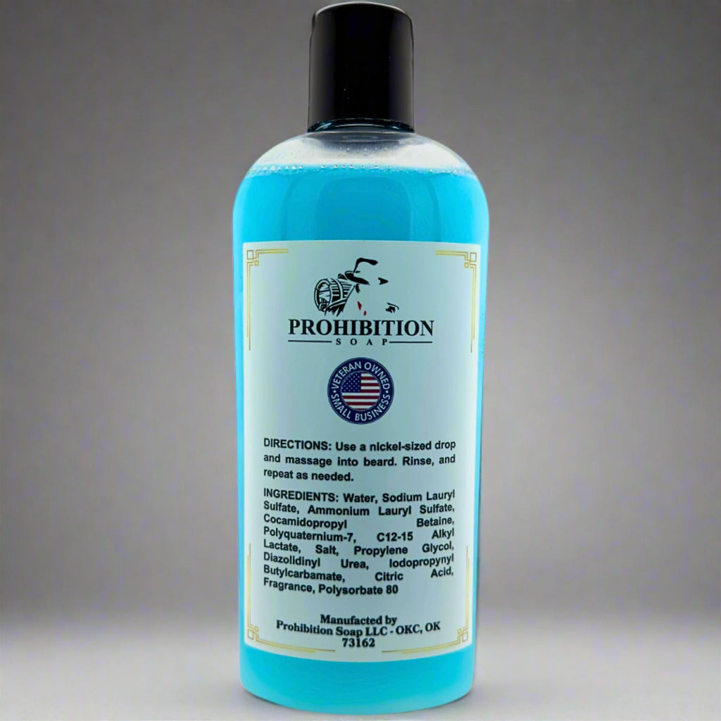 beard wash shampoo "Barbershop Beard Wash bottle, back label with ingredients"