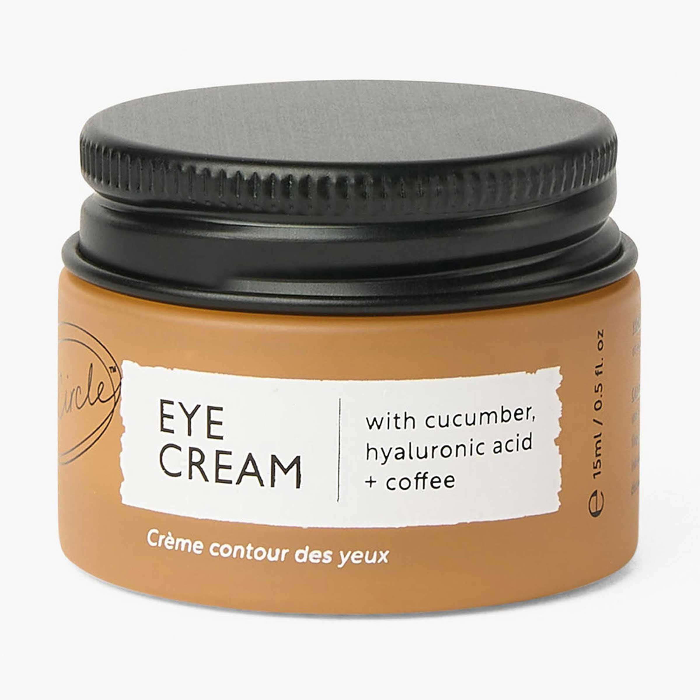 "Hyaluronic acid eye cream with coffee by UpCircle, glass jar product view"