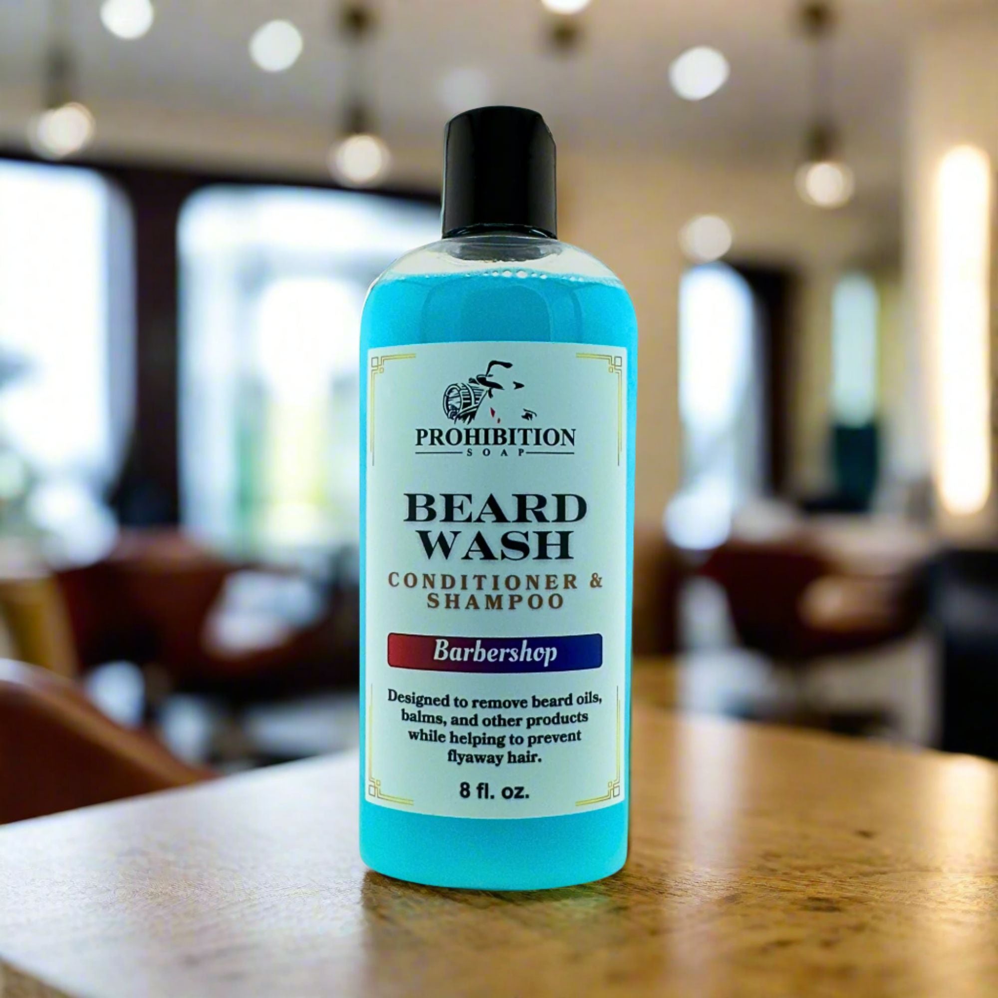 beard wash shampoo "Barbershop Beard Wash bottle, back label with ingredients"