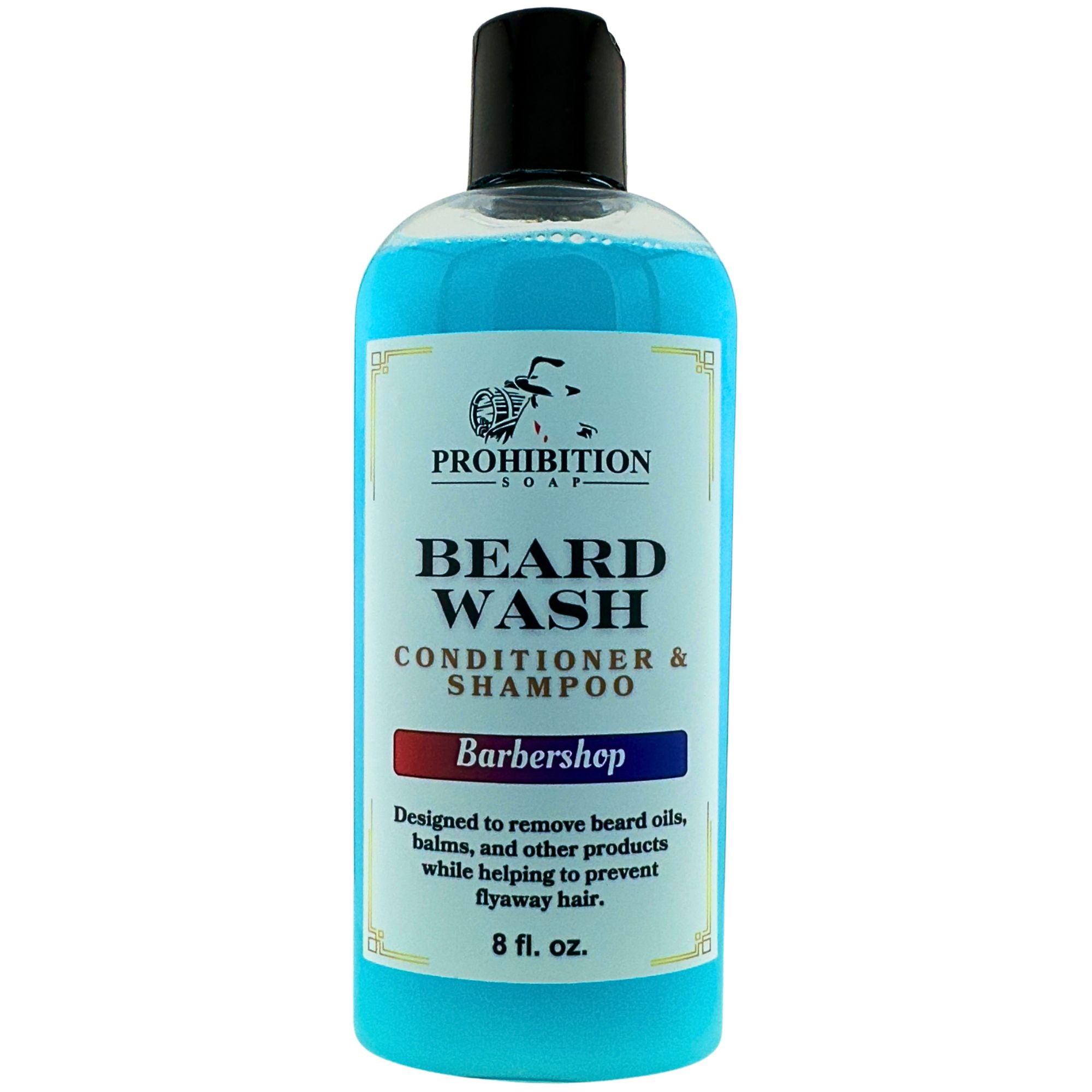 beard wash shampoo "Barbershop Beard Wash bottle, back label with ingredients"