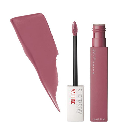 Maybelline SuperStay Matte Ink Liquid Lipstick tube with applicator and swatch showcasing matte liquid lipstick in a nude shade.