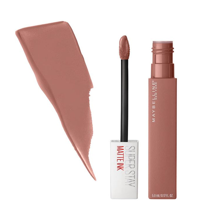 Maybelline SuperStay Matte Ink Liquid Lipstick with a matte color swatch, showcasing intense color and all-day wear in matte liquid lipstick.