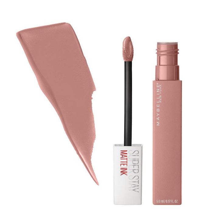 Matte liquid lipstick Maybelline SuperStay Matte Ink Liquid Lipstick with applicator and swatch.
