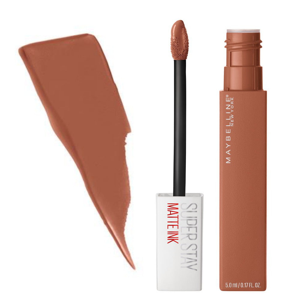 Maybelline SuperStay Matte Ink Liquid Lipstick tube with applicator and swatch showcasing matte liquid lipstick in a nude shade.