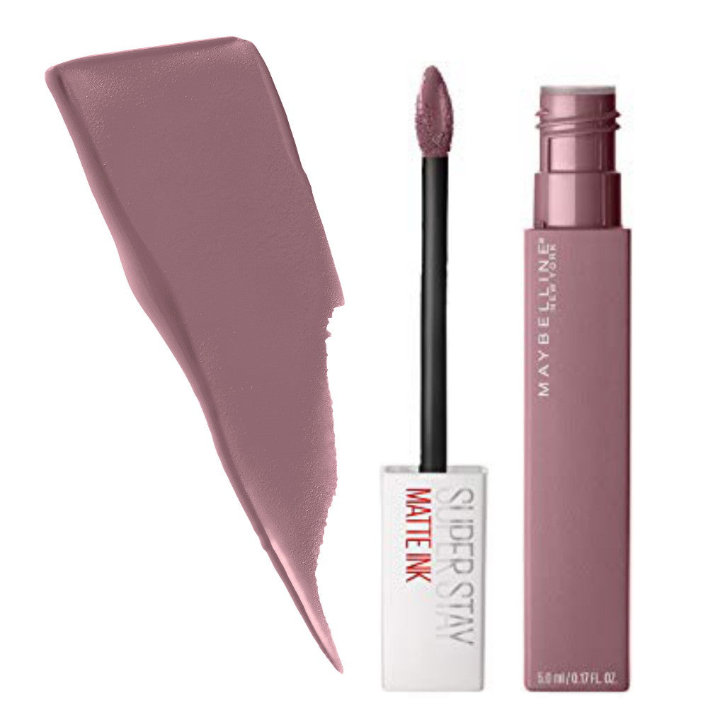 Maybelline SuperStay Matte Ink Liquid Lipstick tube with applicator and swatch, showcasing a smooth matte liquid lipstick finish.