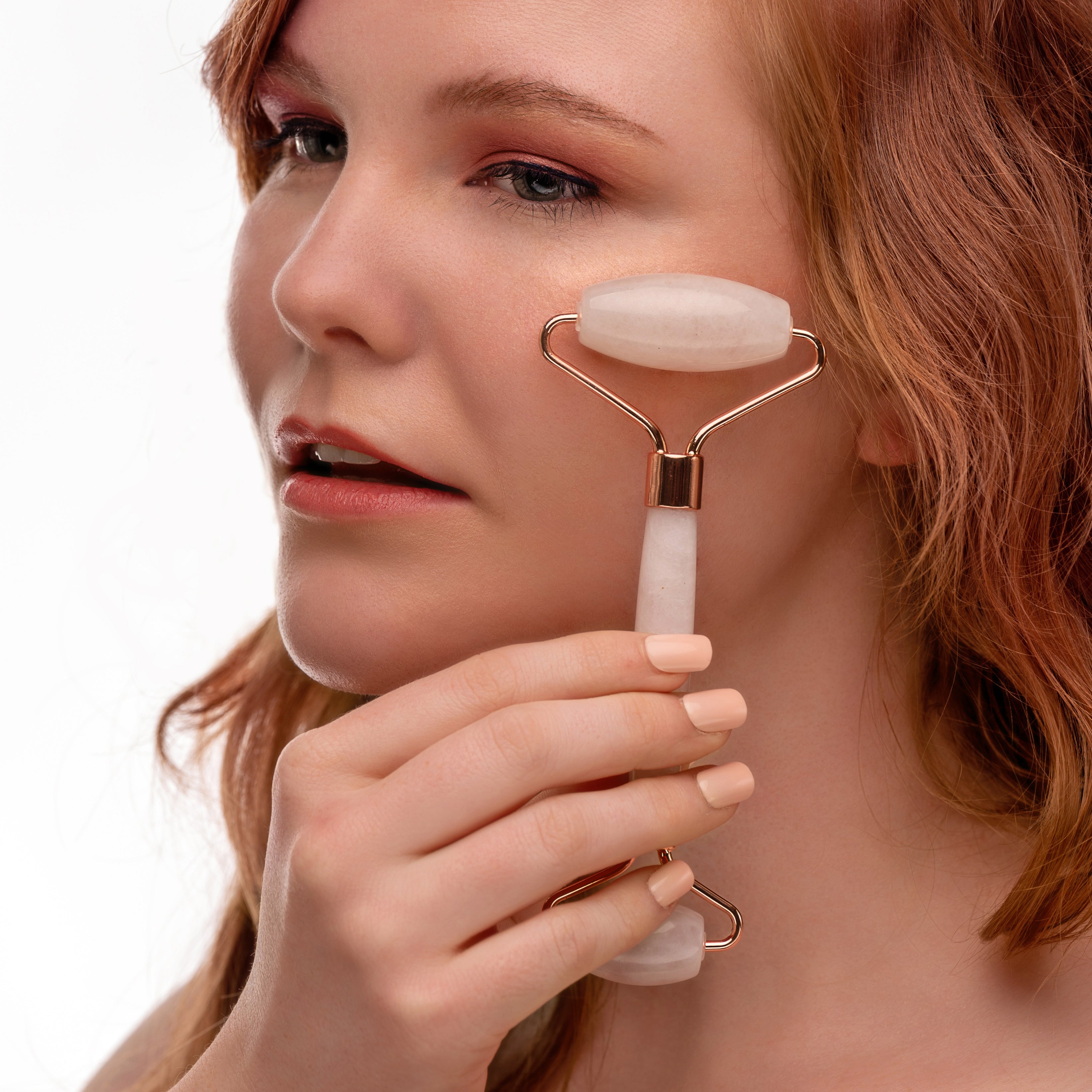 "Rose Quartz Facial Roller, dual-ended beauty tool, product view"
