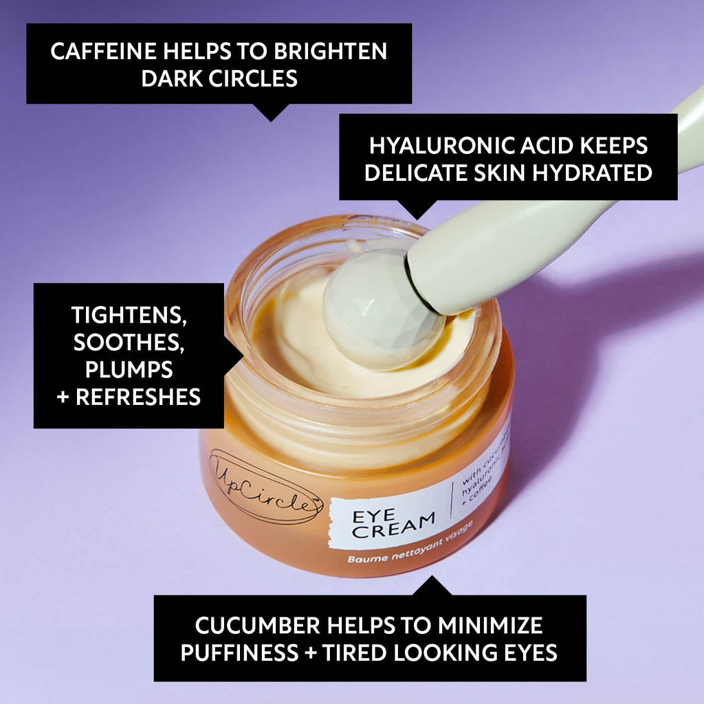 "Hyaluronic acid eye cream with coffee by UpCircle, glass jar product view"