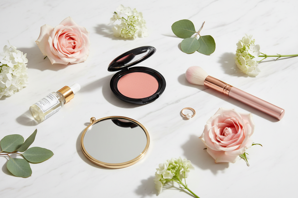 "Pressed powder blush compact held in hand, texture close-up"
