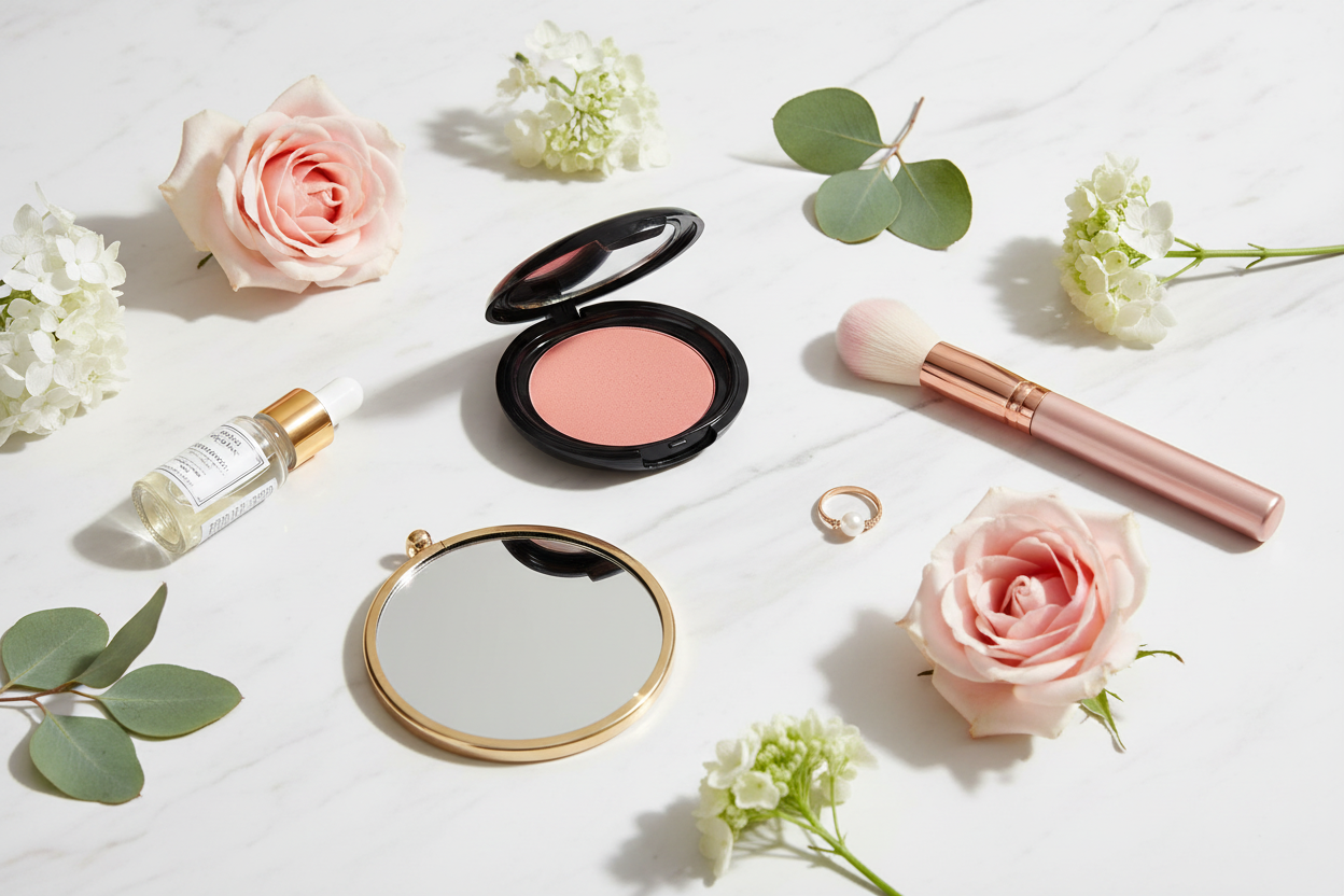 "Pressed powder blush compact held in hand, texture close-up"