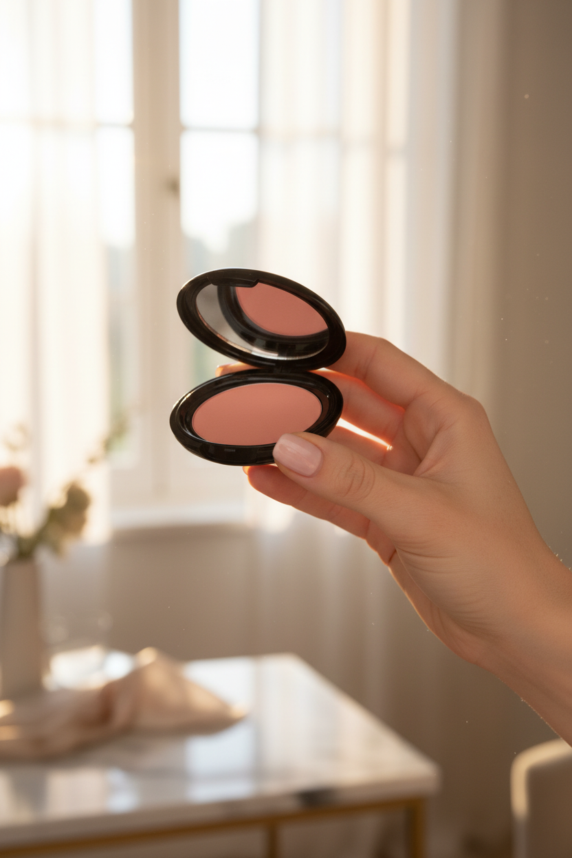 "Pressed powder blush compact styled on a vanity"