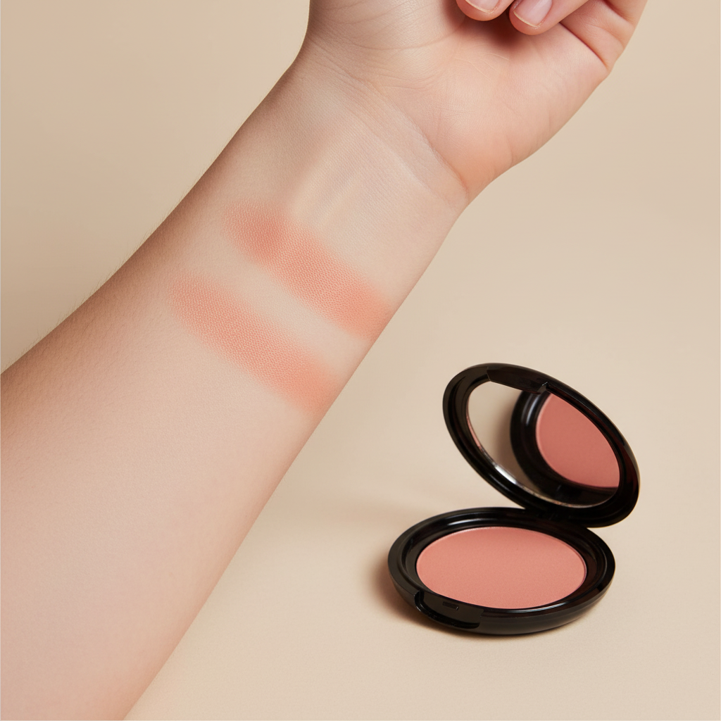 "Pressed powder blush in Allure applied to cheeks for a natural flush"
