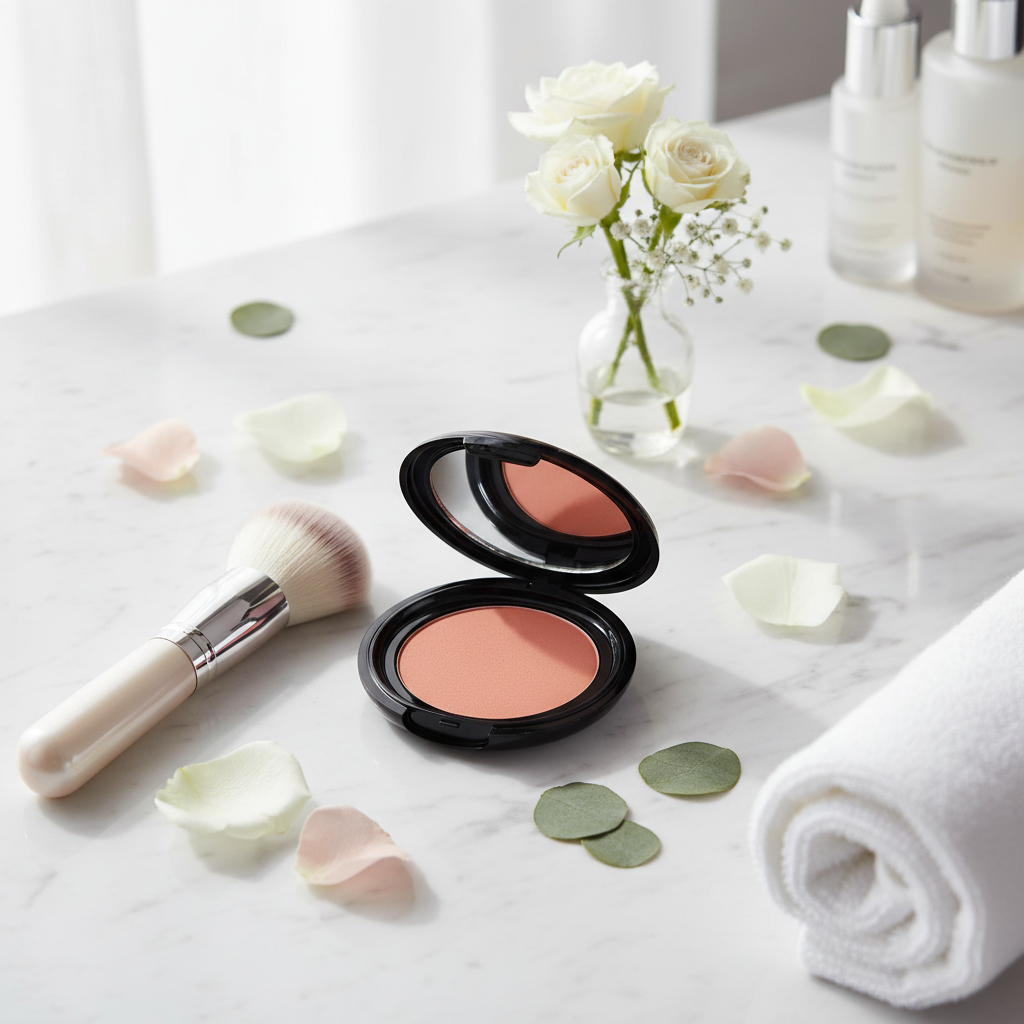 "Pressed powder blush compact, closed packaging view"