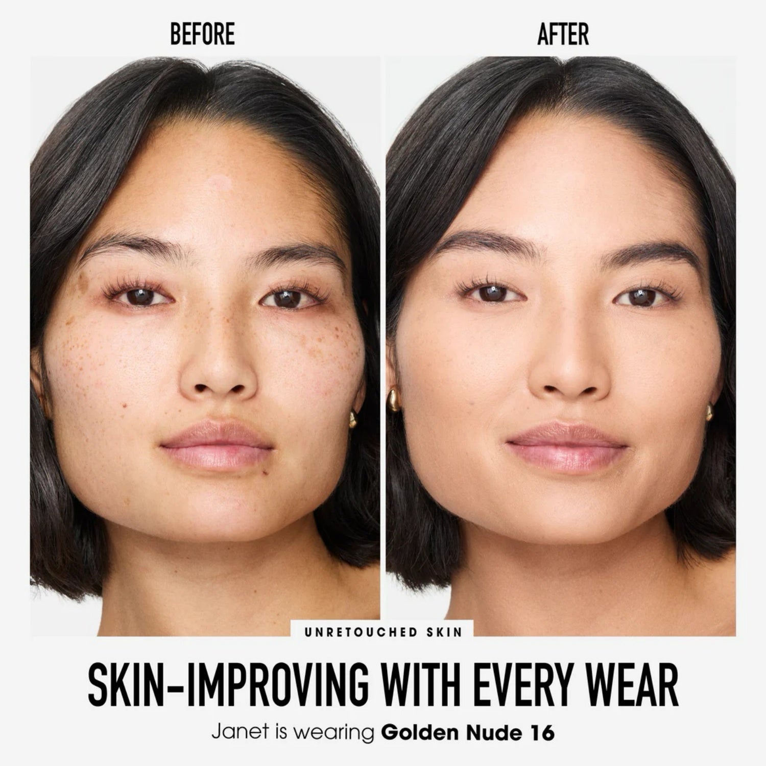"Before and after using bareMinerals loose mineral foundation for a matte, even finish"