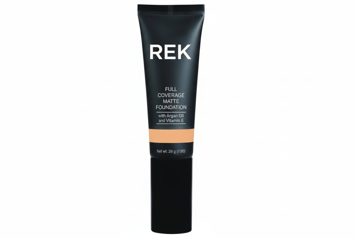 "Full Coverage Matte Foundation packaging by REK Cosmetics"