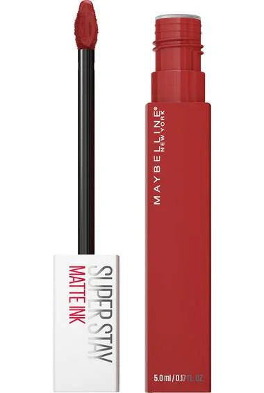 Maybelline SuperStay Matte Ink Liquid Lipstick in red with applicator showing on a white background, featuring matte liquid lipstick.
