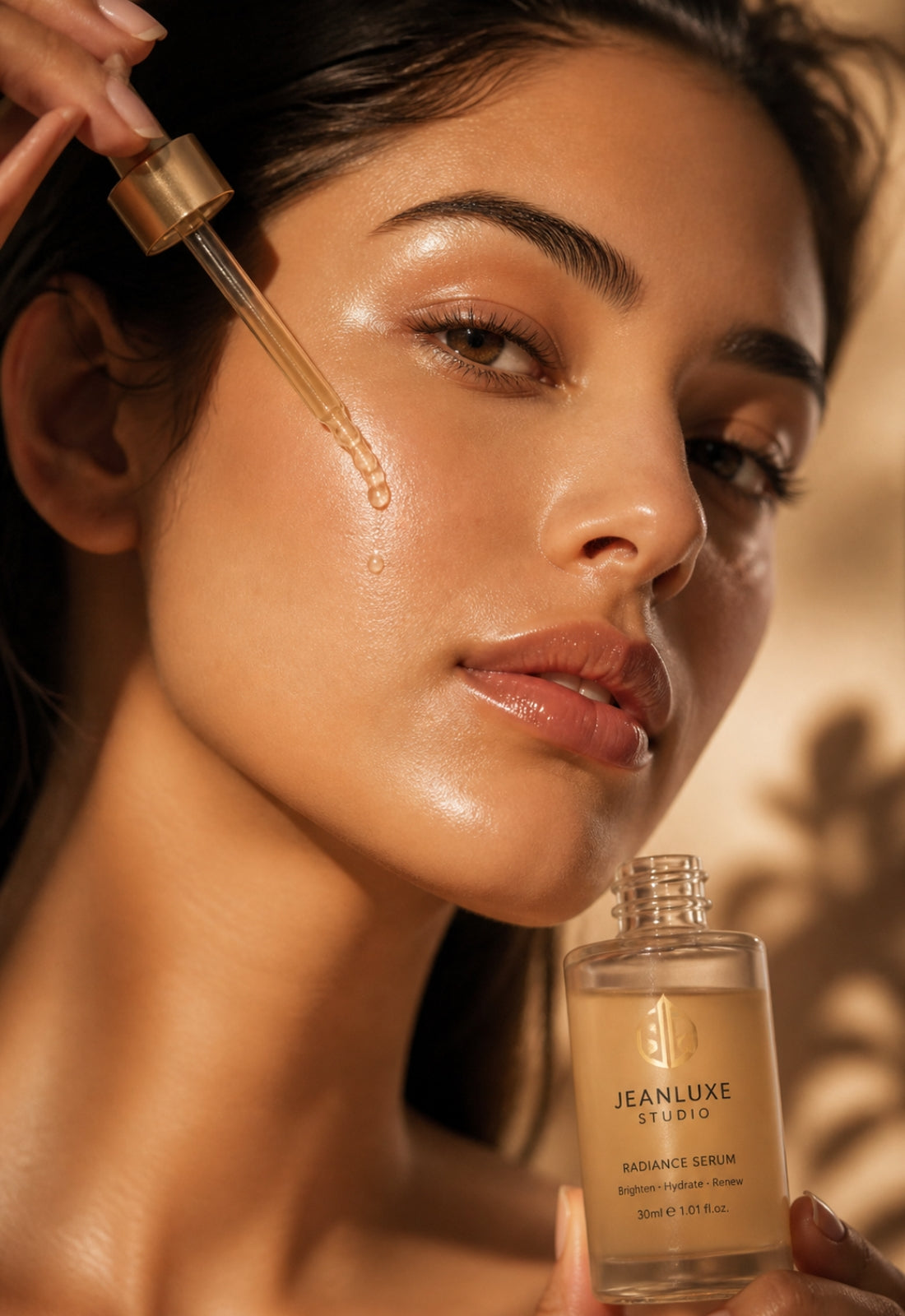 Woman applying JeanLuxe Studio Radiance Serum dropper on glowing skin

