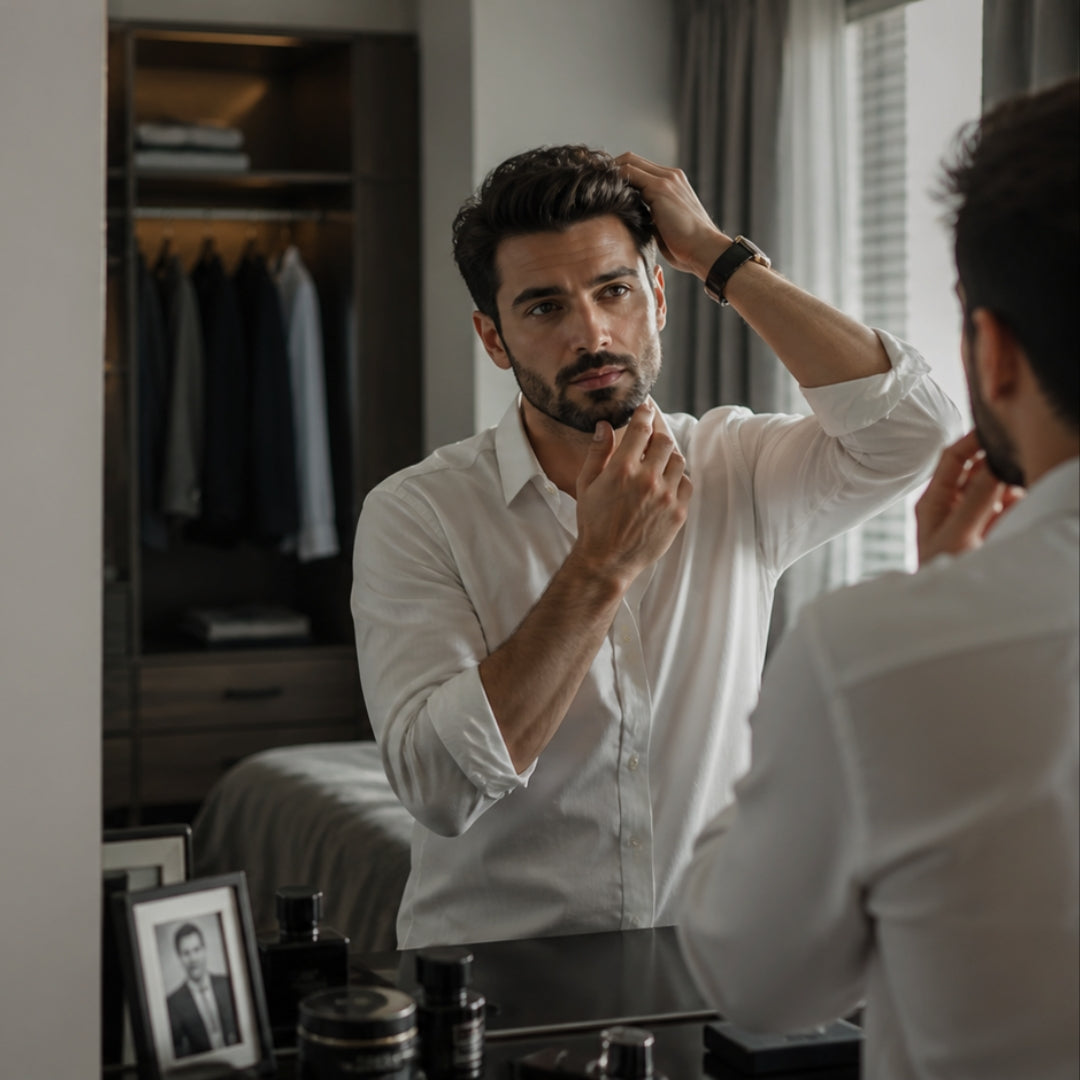 Man adjusting his hair in front of a mirror in a bedroom.