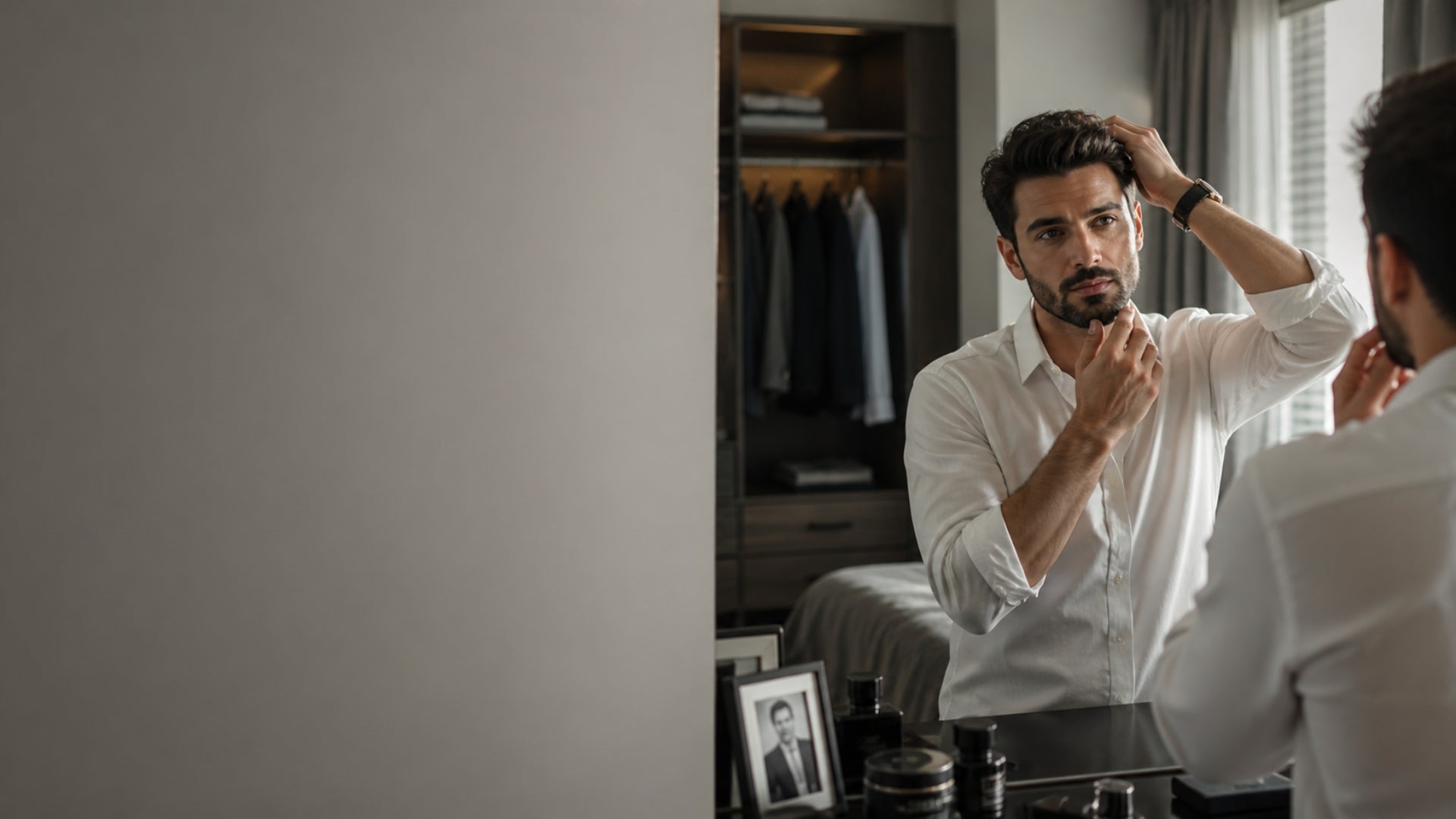 Man adjusting his hair in front of a mirror in a room with a wardrobe and desk.