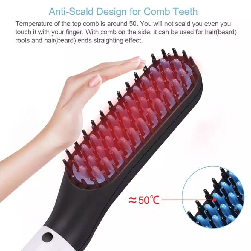 "Close-up of the electric beard straightener's heated comb teeth"