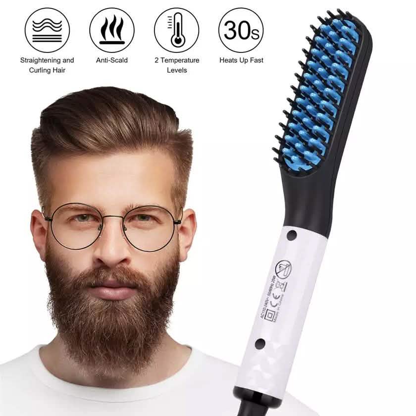 "Electric beard straightener shown styling a beard"