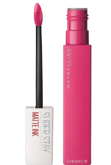 matte liquid lipstick Maybelline SuperStay Matte Ink Liquid Lipstick tube and applicator in pink color