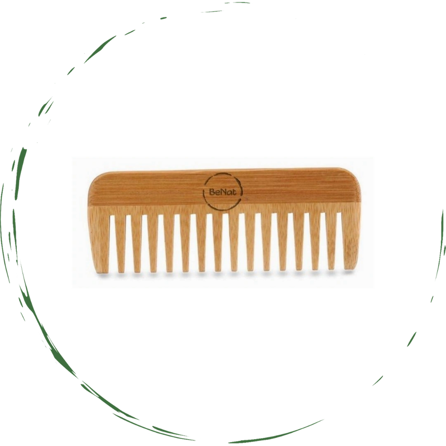"Bamboo hair comb shown detangling hair"