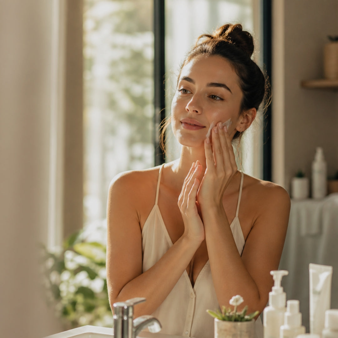 Woman applying cream to her face in a bathroom setting