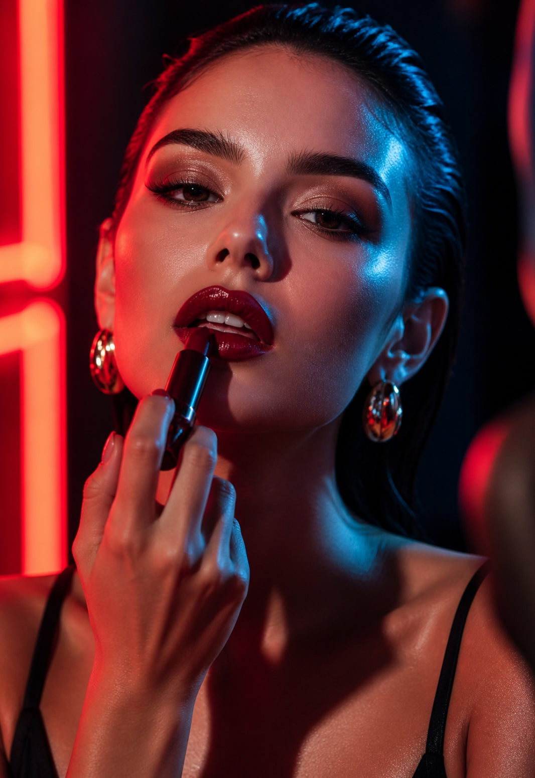 Woman applying red lipstick in a dimly lit setting with neon lights.